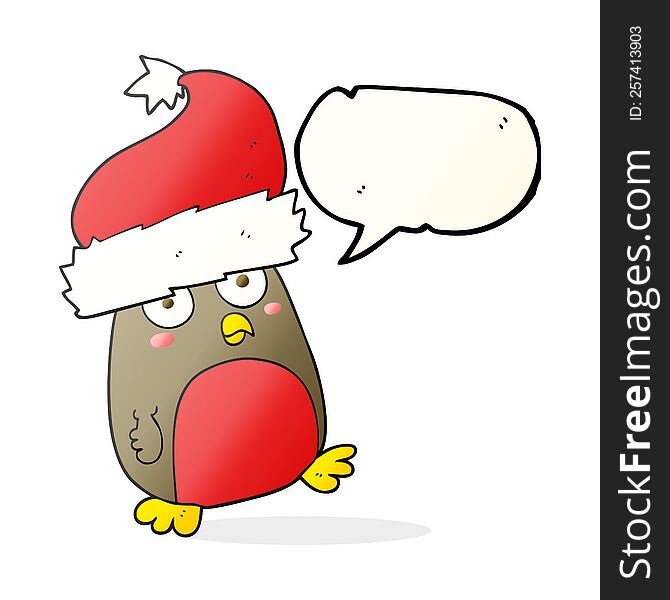 Speech Bubble Cartoon Christmas Robin Wearing Santa Hat