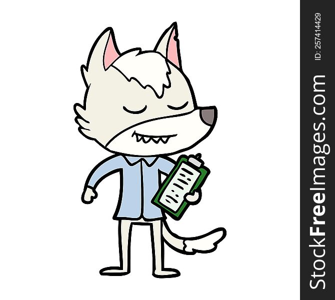 friendly cartoon wolf with notes. friendly cartoon wolf with notes