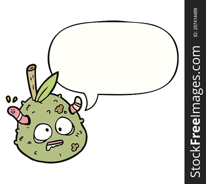 cartoon rotting old pear with worm with speech bubble. cartoon rotting old pear with worm with speech bubble