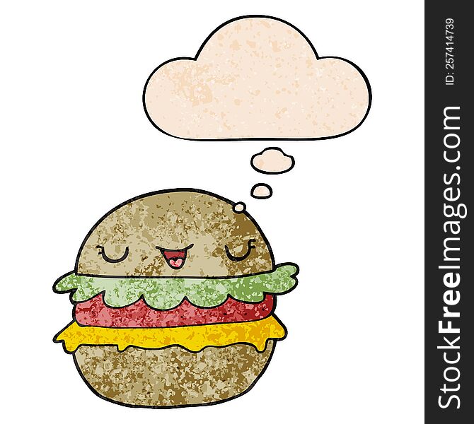 Cartoon Burger And Thought Bubble In Grunge Texture Pattern Style
