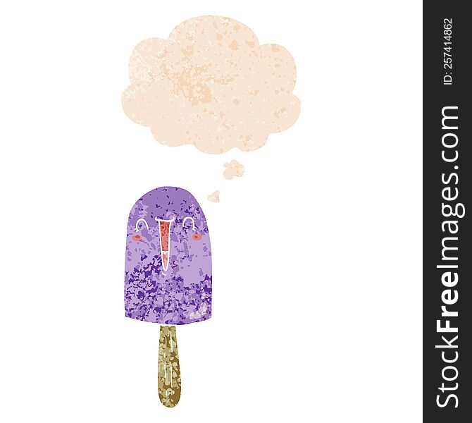 Cartoon Happy Ice Lolly And Thought Bubble In Retro Textured Style
