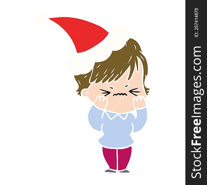 hand drawn flat color illustration of a frustrated woman wearing santa hat