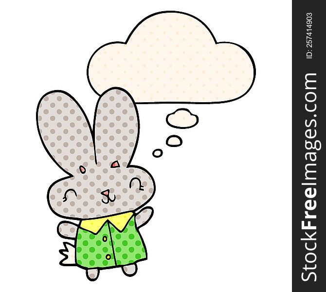 Cute Cartoon Tiny Rabbit And Thought Bubble In Comic Book Style