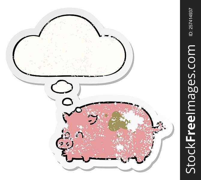 cute cartoon pig with thought bubble as a distressed worn sticker