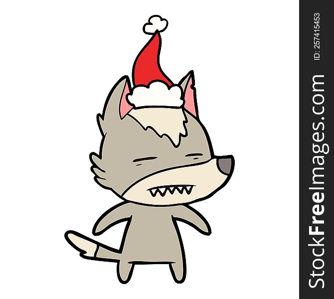 hand drawn line drawing of a wolf showing teeth wearing santa hat