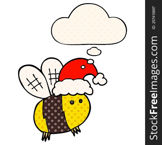 Cute Cartoon Bee Wearing Christmas Hat And Thought Bubble In Comic Book Style