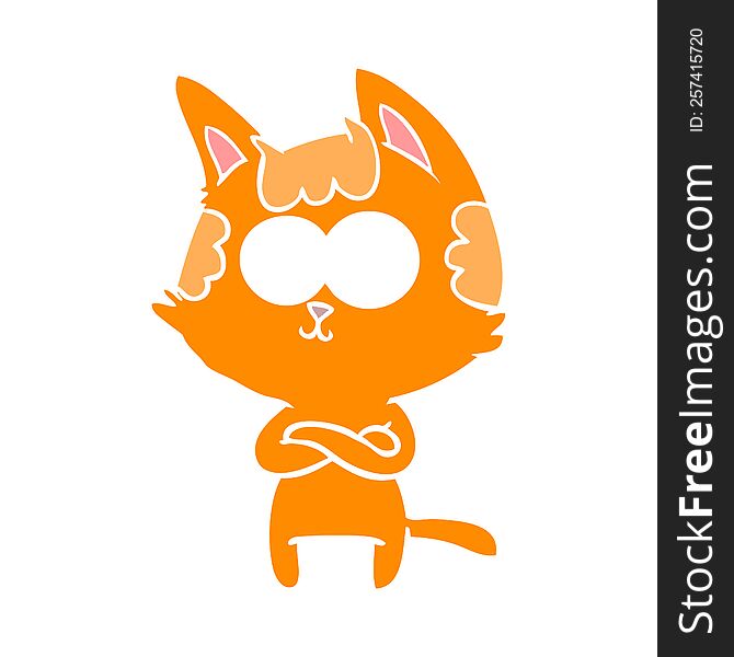 Happy Flat Color Style Cartoon Cat With Crossed Arms