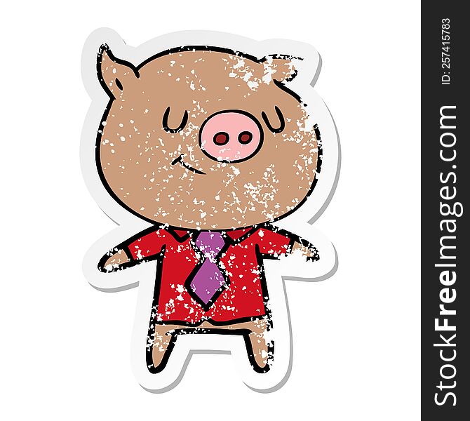 distressed sticker of a happy cartoon smart pig