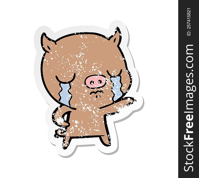 Distressed Sticker Of A Cartoon Pig Crying Pointing