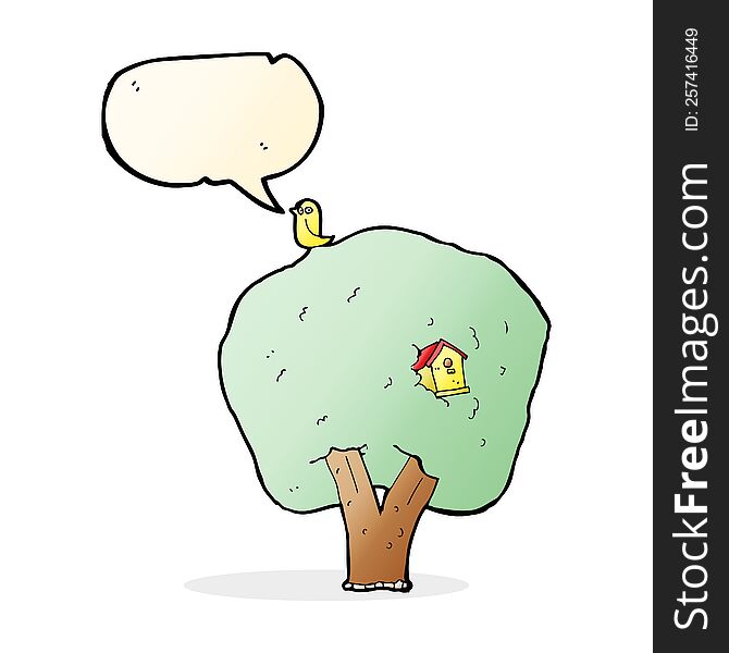 cartoon tree with birdhouse with speech bubble