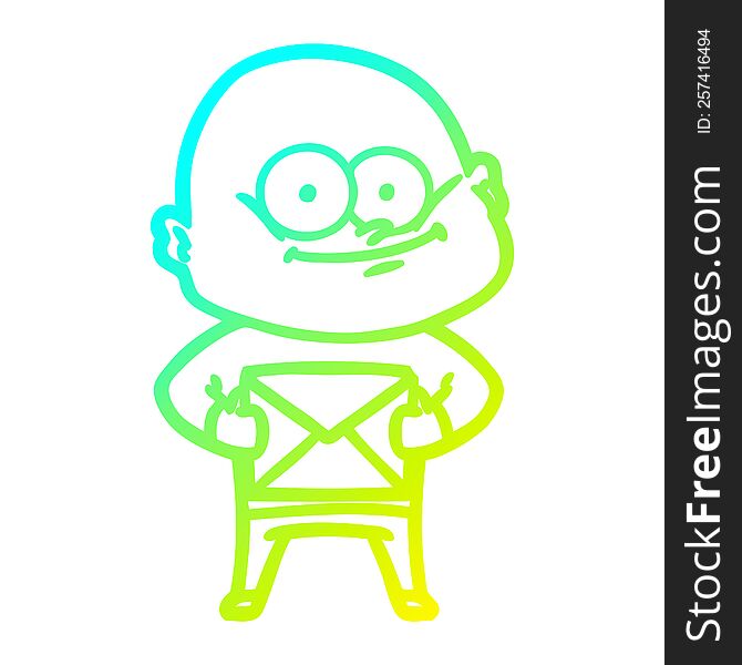 cold gradient line drawing of a cartoon bald man staring with letter