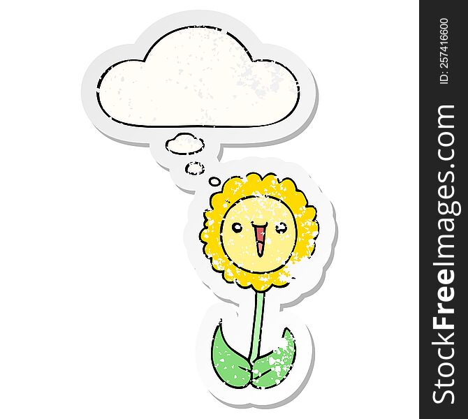 Cartoon Flower And Thought Bubble As A Distressed Worn Sticker