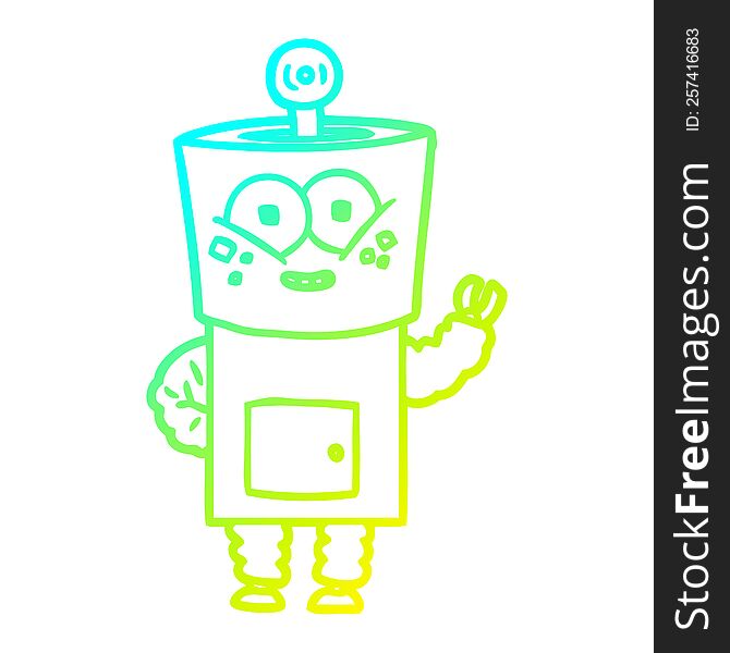 cold gradient line drawing of a happy cartoon robot waving hello