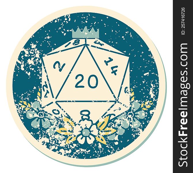Distressed Sticker Tattoo Style Icon Of A D20