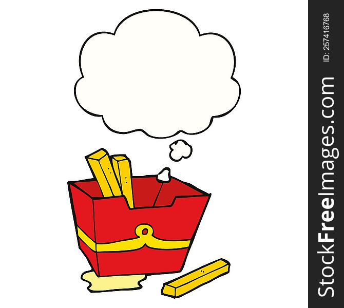 cartoon box of fries with thought bubble. cartoon box of fries with thought bubble