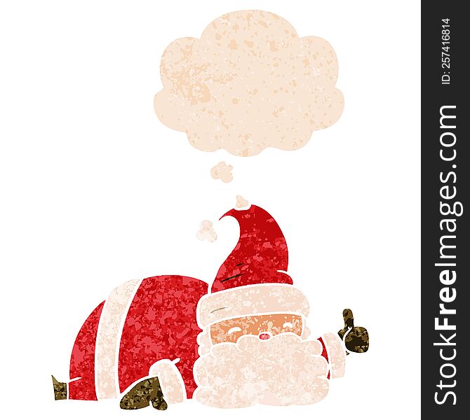 Cartoon Sleepy Santa And Thought Bubble In Retro Textured Style