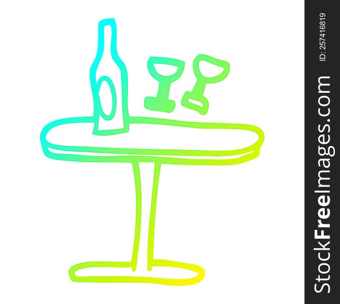 Cold Gradient Line Drawing Cartoon Table With Bottle And Glasses