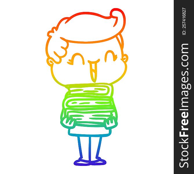 Rainbow Gradient Line Drawing Cartoon Laughing Boy Carrying Books