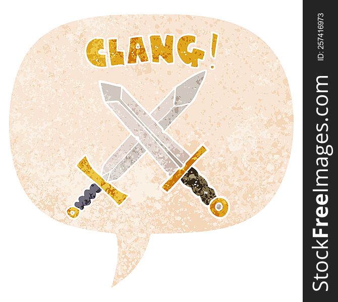 cartoon sword fight with speech bubble in grunge distressed retro textured style. cartoon sword fight with speech bubble in grunge distressed retro textured style
