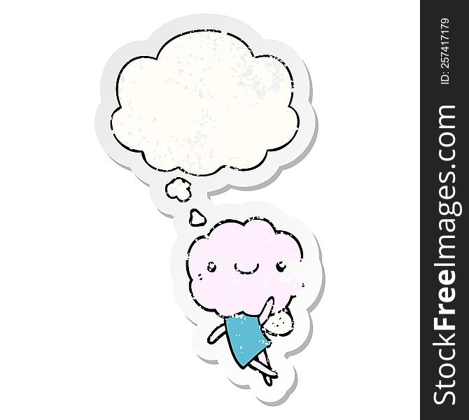 cute cloud head creature with thought bubble as a distressed worn sticker