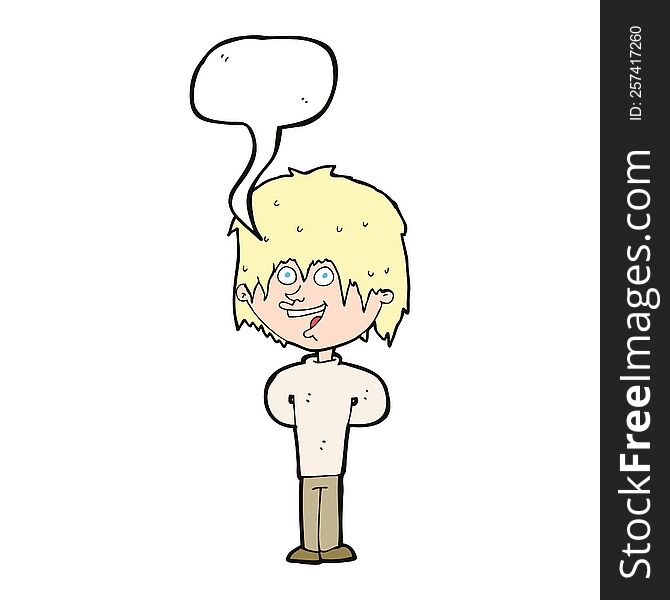 cartoon happy scruffy boy with speech bubble