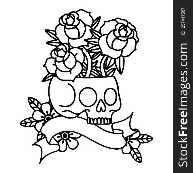 black linework tattoo with banner of a skull and roses