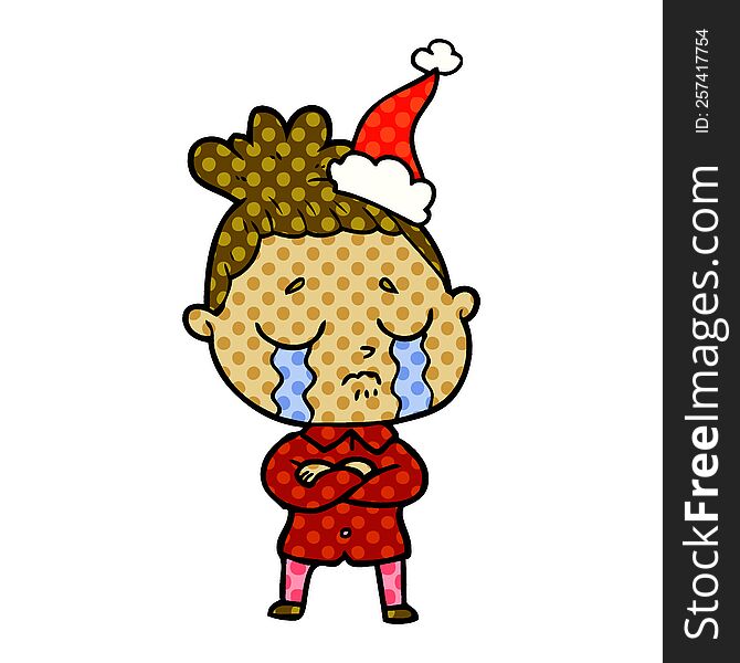 Comic Book Style Illustration Of A Crying Woman Wearing Santa Hat