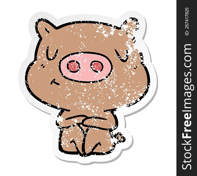 distressed sticker of a cartoon content pig meditating
