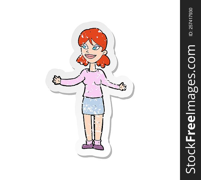 retro distressed sticker of a cartoon happy woman shruggin shoulders
