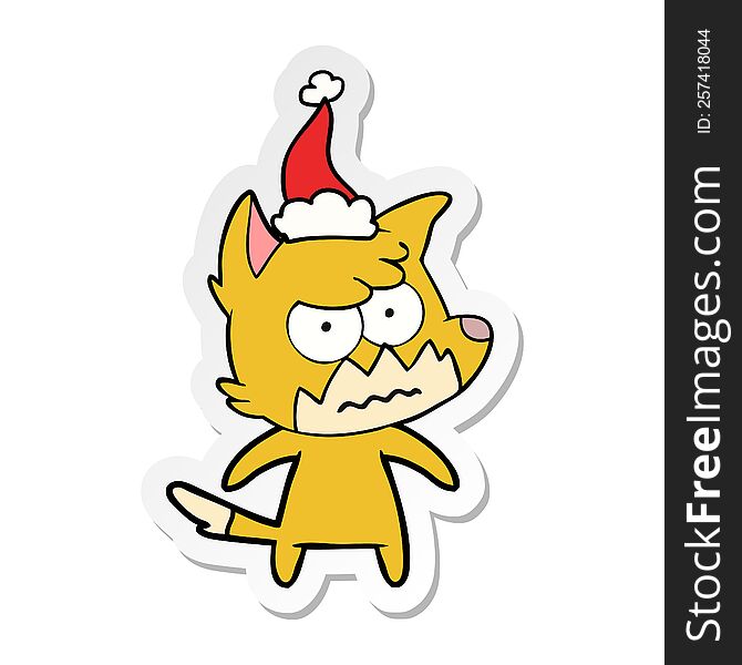 Sticker Cartoon Of A Annoyed Fox Wearing Santa Hat