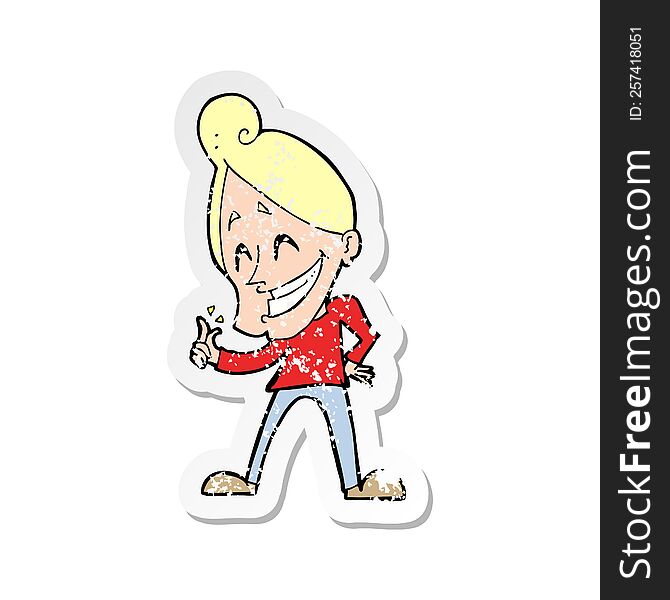 retro distressed sticker of a cartoon man snapping fingers