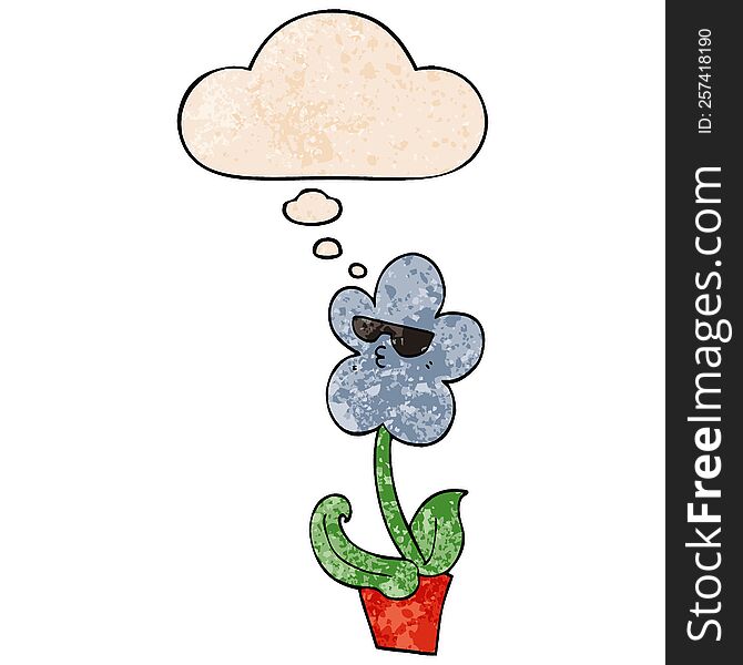 cool cartoon flower with thought bubble in grunge texture style. cool cartoon flower with thought bubble in grunge texture style