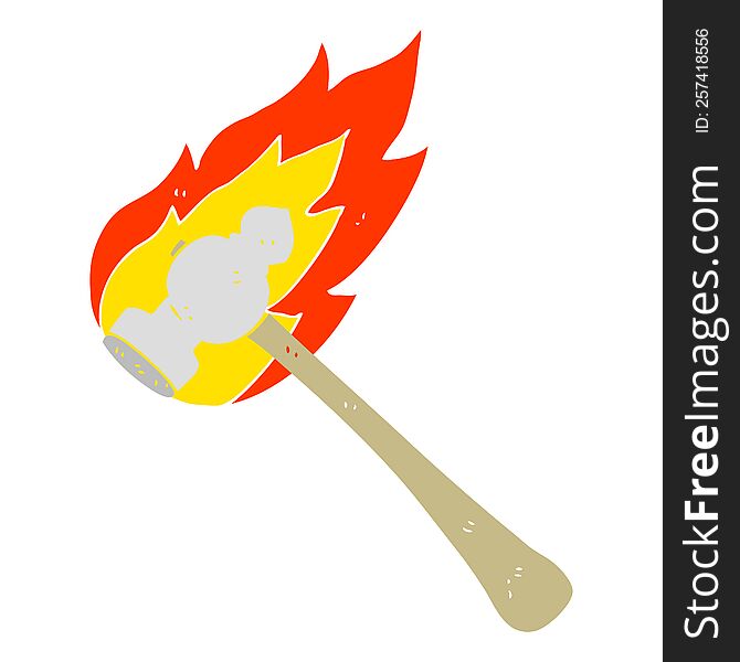 Flat Color Illustration Of A Cartoon Flaming Hammer