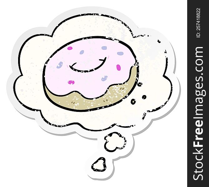 Cartoon Donut And Thought Bubble As A Distressed Worn Sticker