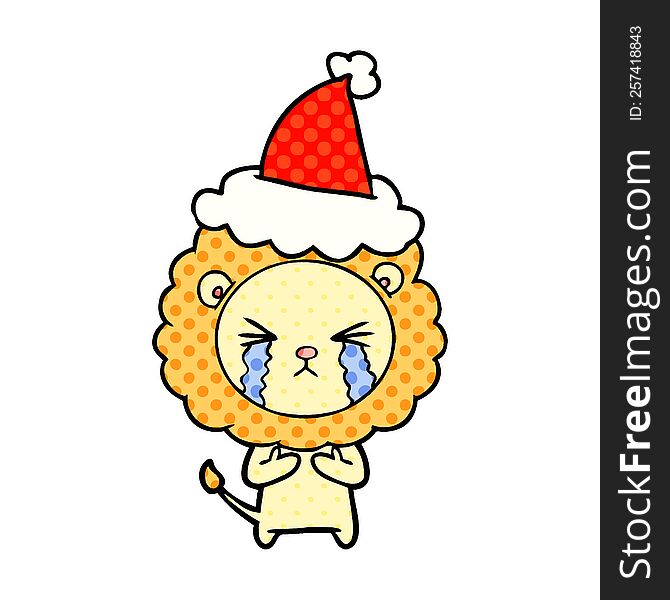 hand drawn comic book style illustration of a crying lion wearing santa hat