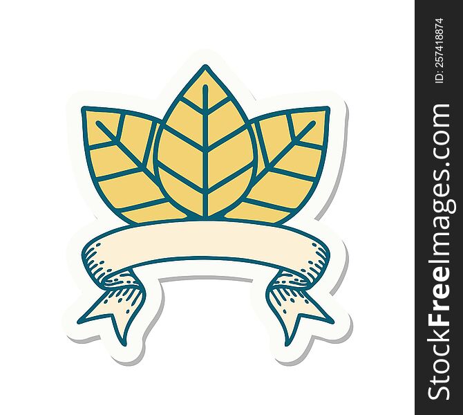 tattoo style sticker with banner of leaf. tattoo style sticker with banner of leaf