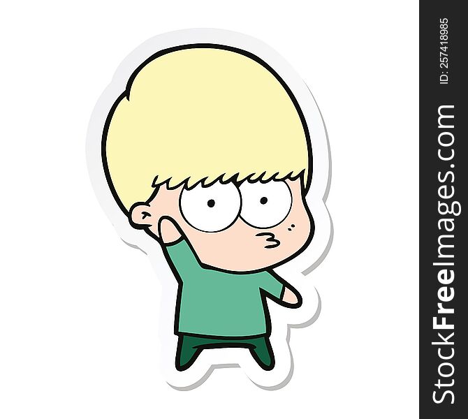Sticker Of A Nervous Cartoon Boy Waving