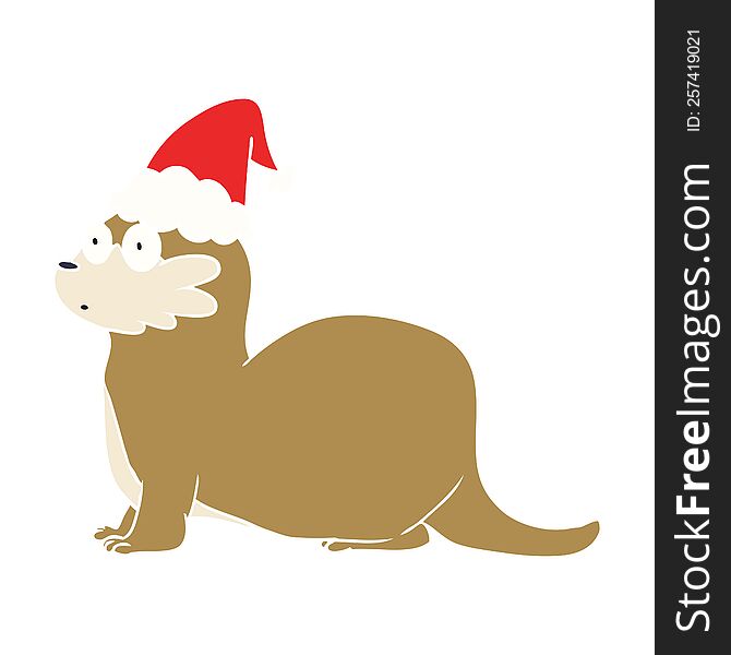 Flat Color Illustration Of A Otter Wearing Santa Hat