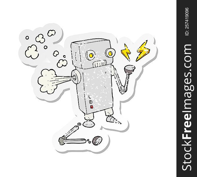 Retro Distressed Sticker Of A Cartoon Broken Robot