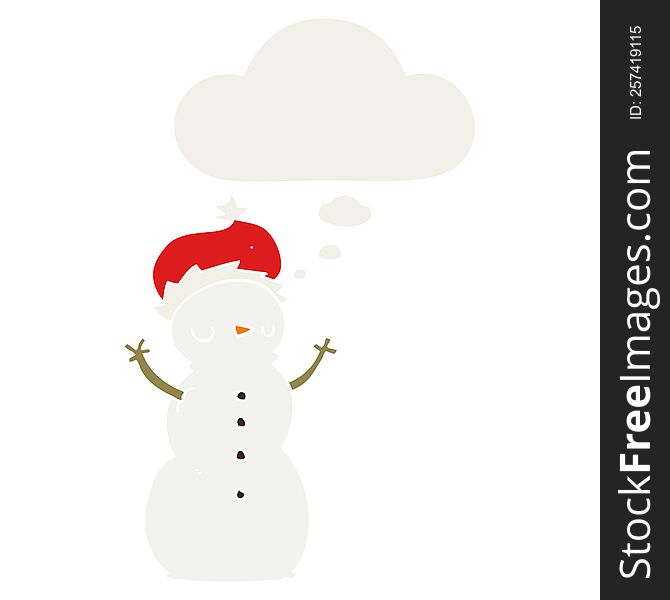Cartoon Snowman And Thought Bubble In Retro Style