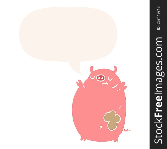 cartoon fat pig with speech bubble in retro style
