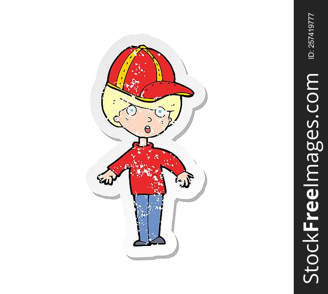 retro distressed sticker of a cartoon boy wearing cap