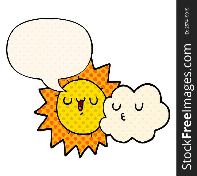 Cartoon Sun And Cloud And Speech Bubble In Comic Book Style