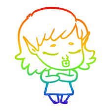 Rainbow Gradient Line Drawing Shy Cartoon Elf Girl Stock Image