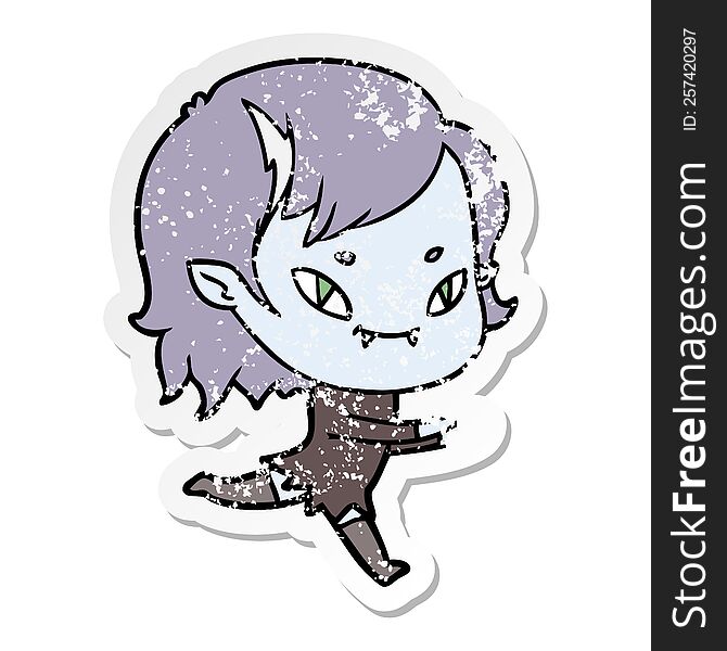 Distressed Sticker Of A Cartoon Friendly Vampire Girl Running