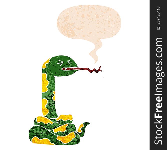 Cartoon Hissing Snake And Speech Bubble In Retro Textured Style
