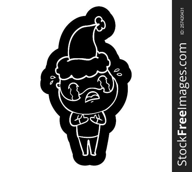 quirky cartoon icon of a bearded man crying wearing santa hat