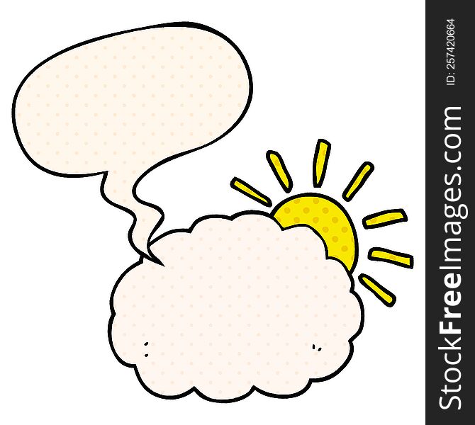 cartoon sun and cloud symbol with speech bubble in comic book style