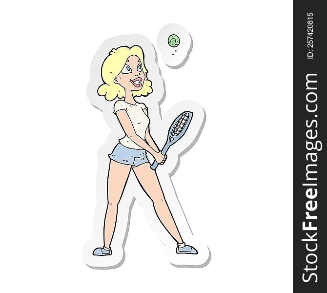 sticker of a cartoon woman playing tennis