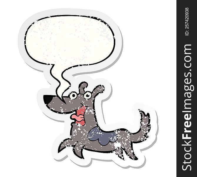 happy dog cartoon with speech bubble distressed distressed old sticker. happy dog cartoon with speech bubble distressed distressed old sticker